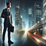 DALL·E 2025-03-07 21.48.39 - A high-resolution, wide-angle image of a modern and professional urban environment. A confident young man in formal attire is seen standing at a dista