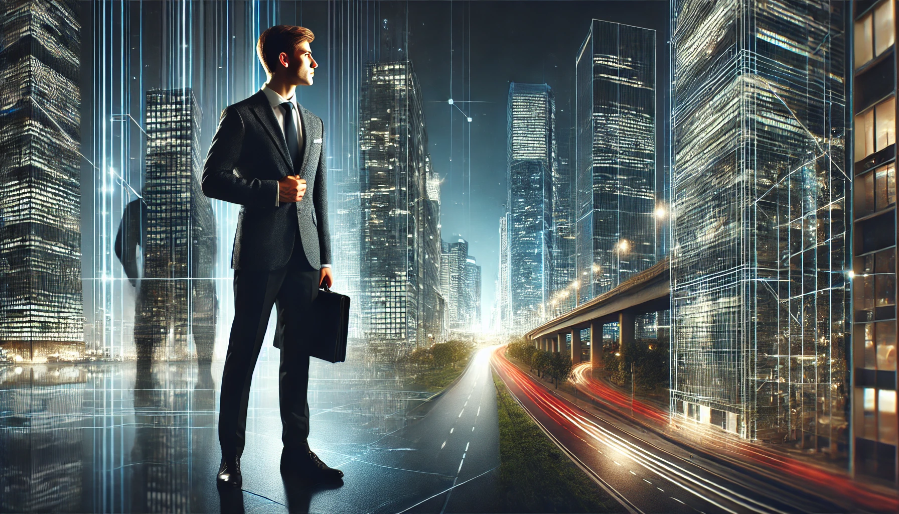 DALL·E 2025-03-07 21.48.39 - A high-resolution, wide-angle image of a modern and professional urban environment. A confident young man in formal attire is seen standing at a dista